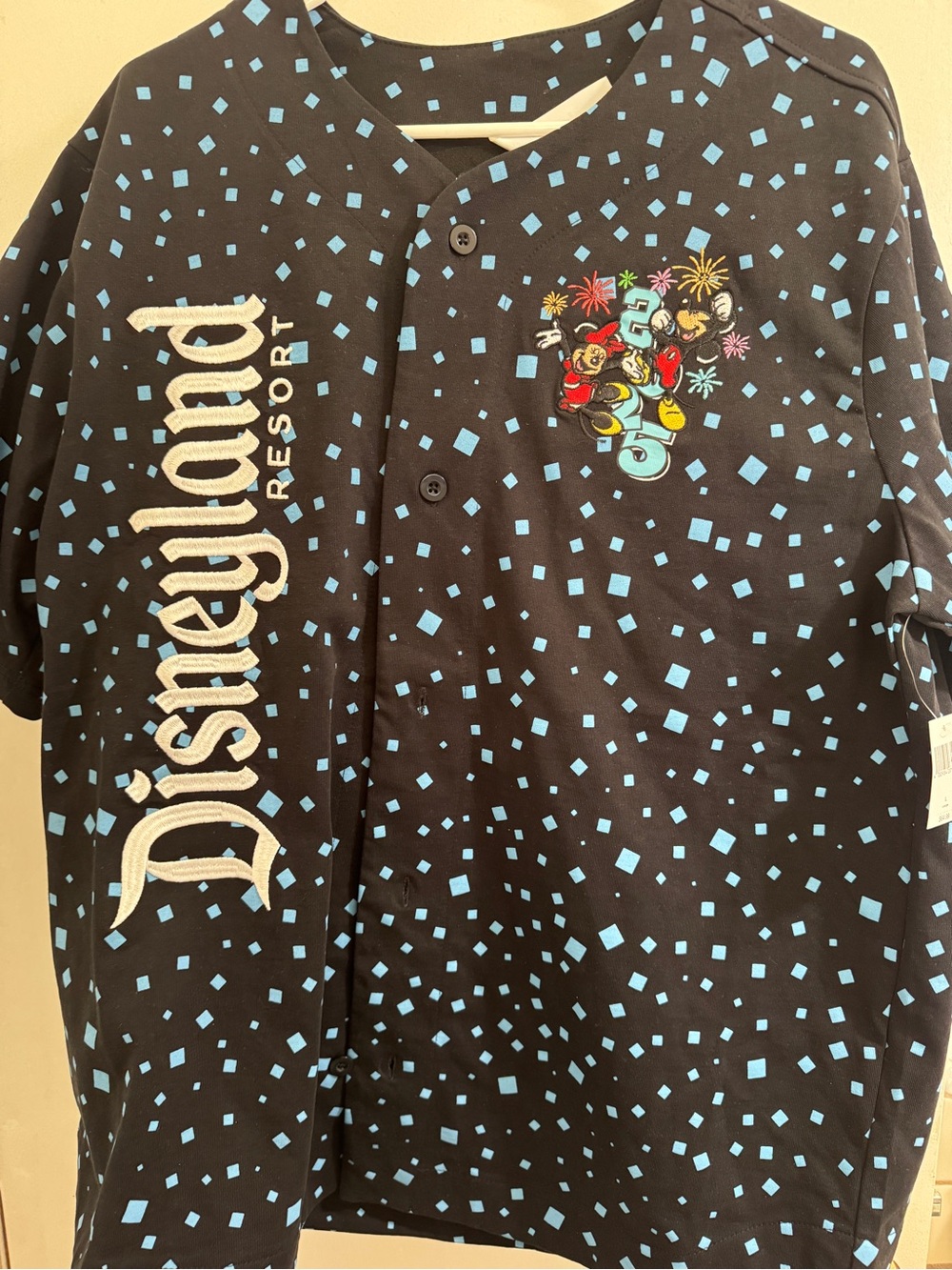 Disney Black Button-Down with Light Blue Confetti and Mickey Graphic